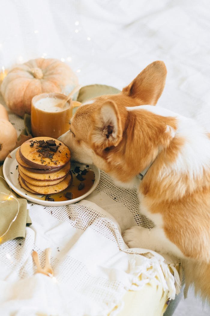 Home A cute corgi sniffs at pancakes on a cozy fall morning with pumpkins.