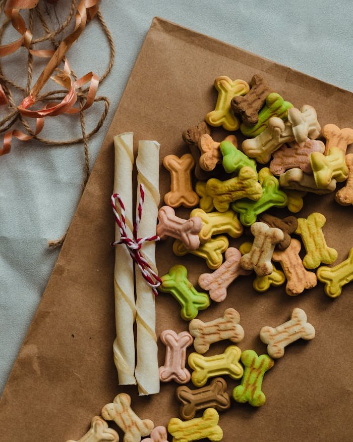 Home A vibrant assortment of bone-shaped dog treats displayed on brown paper, perfect for pets.
